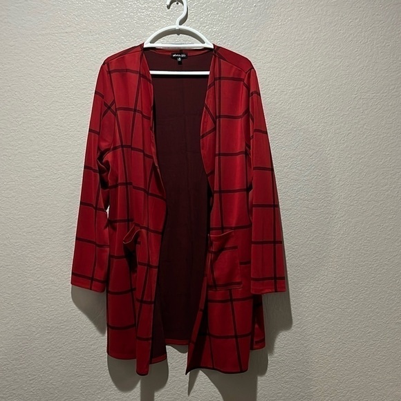 Olivia Blu Cardigan Sweater Womens 3X Red Window Pane Print Open Front Knit - Picture 1 of 8